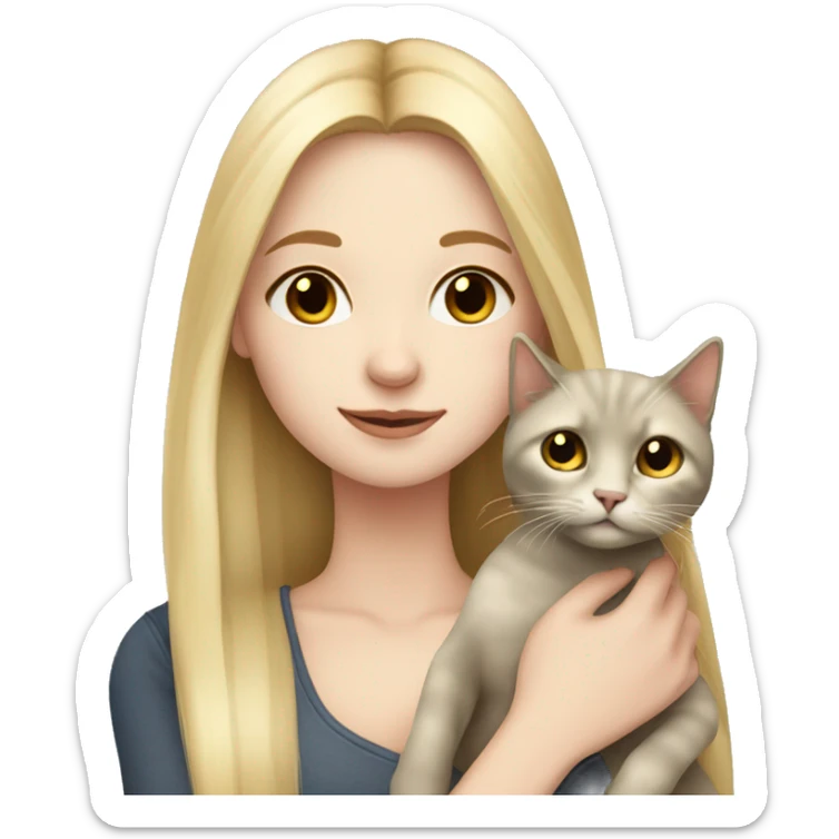 pretty woman with pale skin, very long blonde hair  hugging a cat sticker