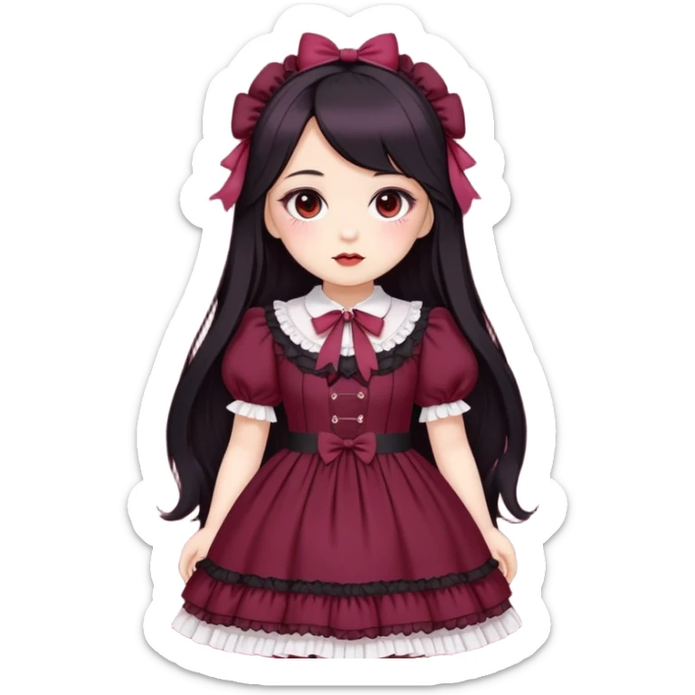 pale  chubby girl , who has long black hair , brown eyes , and doll like makeup , in a burgundy lolita hime gyaru dress  sticker