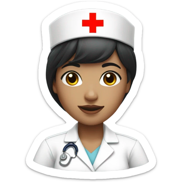 short black hair female nurse with red cross sign hat white skin tone sticker