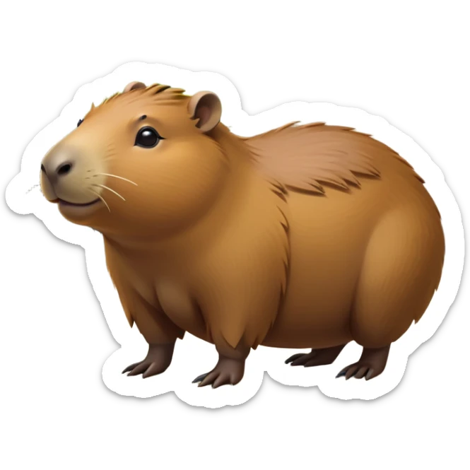 cinematic-capybara-realistic-full-body-on-all-fours-emoji,-plump-and-relaxed-body-soaking-in-the-warm-sun,-short-brown-fur-slightly-ruffled,-head-tilted-dramatically,-calm-expressive-eyes-exuding-serene-wisdom,-simplified-yet-realistic staring at the camera ina. cimical way sticker