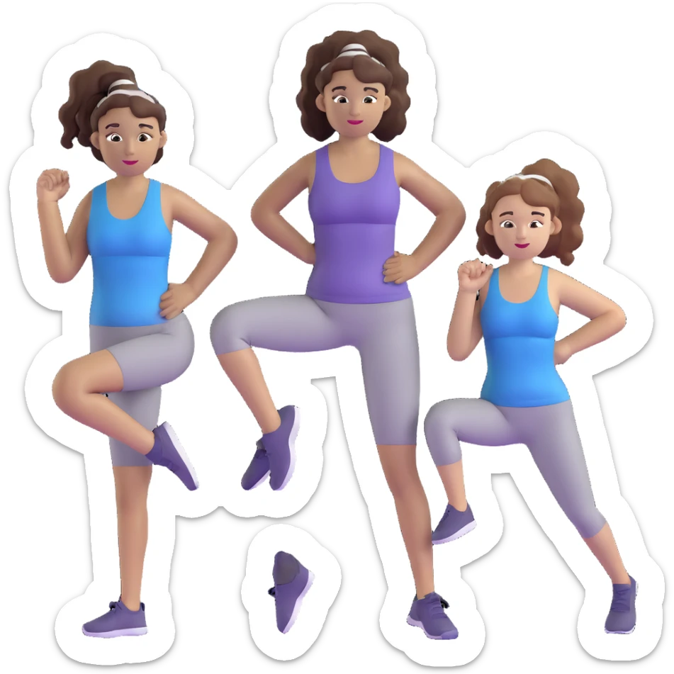 three women friends exercising together, one black woman with curly brown hair, one pale white woman with curly brown hair, and one white woman with straight brown hair in a ponytail sticker