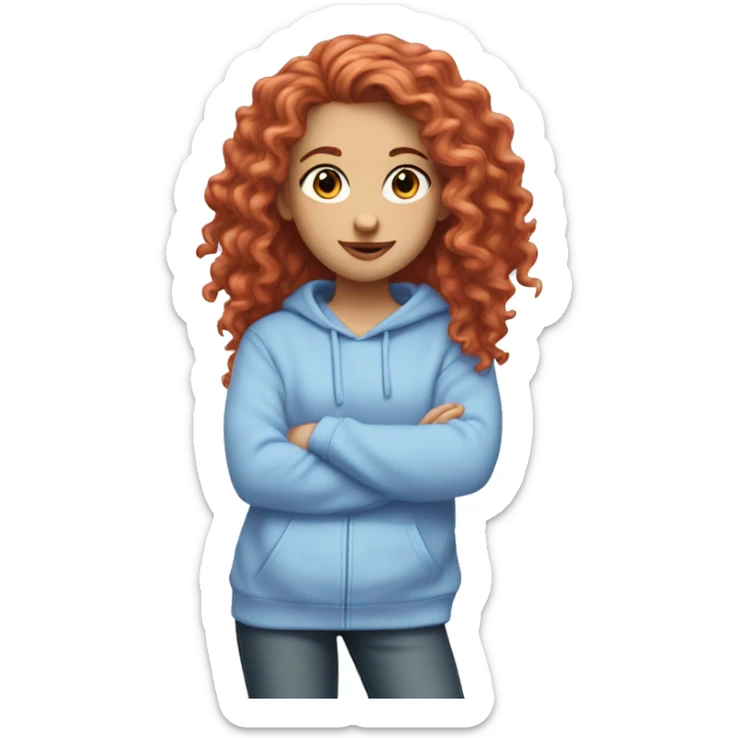 white girl with long red curly hair, wearing a pastel periwinkle hoodie doing a pose sticker