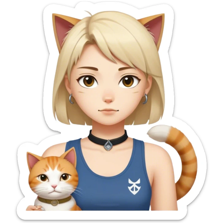 Beautiful girl with "ryu" written on toptank and a cat with "odin" written on collar tag sticker