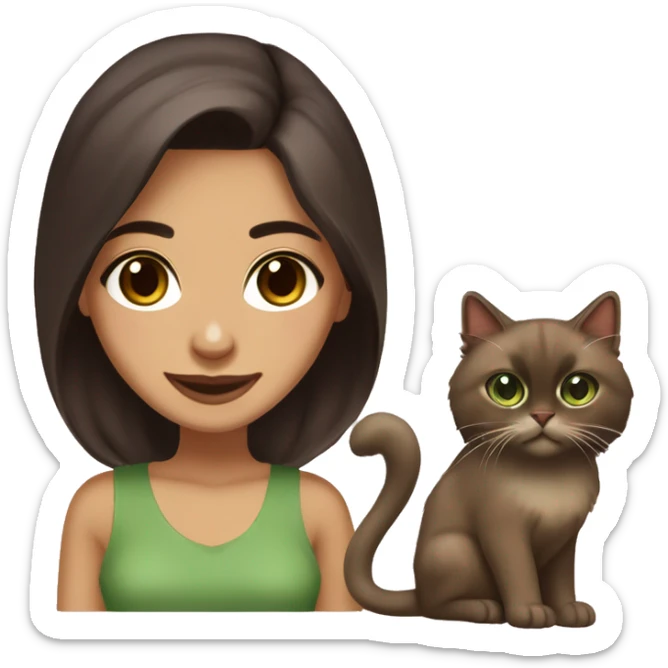 Pretty Persian girl with big brown eyes, lighter olive skin with medium length dark brown hair and full lips smiling, holding her brown ragdoll/siamese cat with a darker brown face and big green eyes  sticker