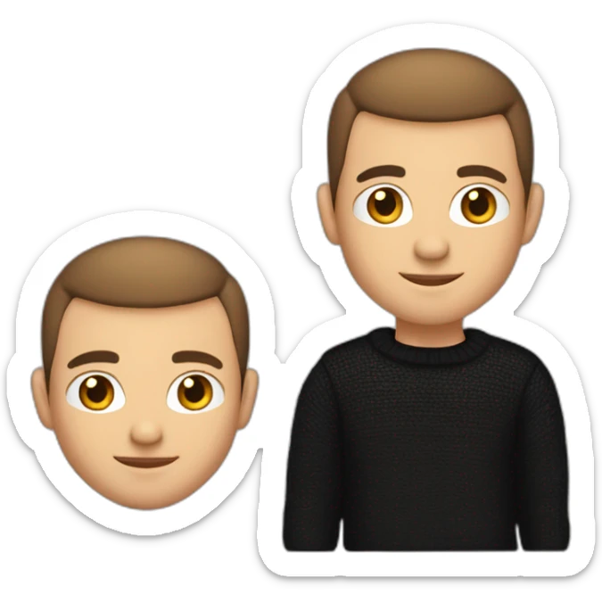 male with buzz cut hair, brown hair, white gold earrings, a laptot in front, apple-style, modern, black sweater, computer in hand sticker