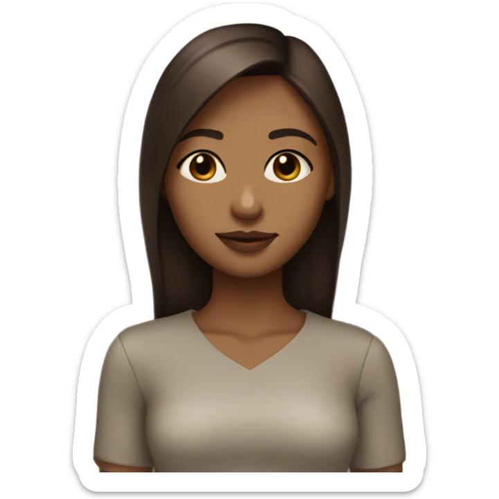 Light brown skin toned girl with dark brown eyes and straight dark brown hairs heart shaped lips and a nos sticker