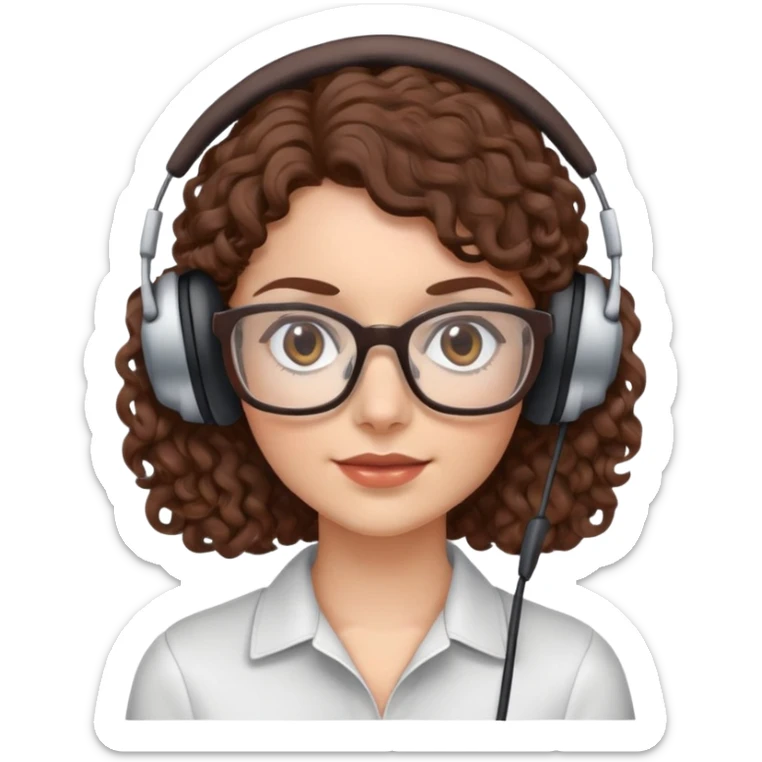 White female  Brown curly hair  Dark brown eyes  Small Square glasses  Headset sticker