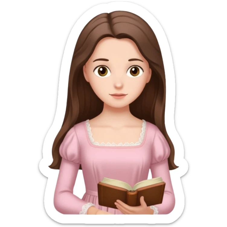  white long brunette hair girl with hazel eyes in light pink reading Pride and Prejudice sticker