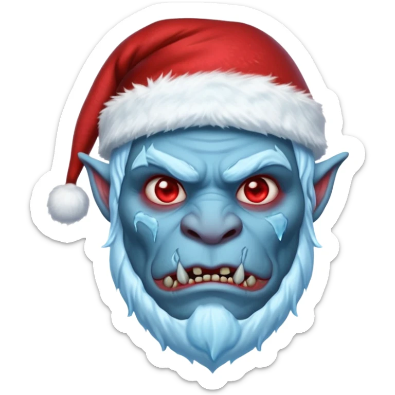 Fantasy orc portrait emoji, Santa Claus hat with icy texture, frozen scar glowing deep red against icy blue skin tones, primal winter survival theme, restrained detail, clean readable emoji style, male/female variant
 sticker