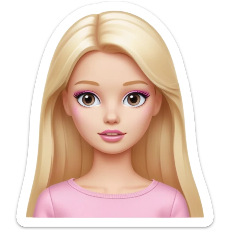 A white Barbie girl with long blonde straight hair in pale pink clothes smears cosmetic cream on her face sticker