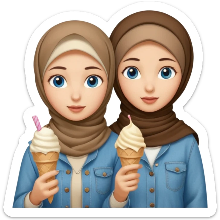 Turkish beautiful finish Konya two girls blue eyes with beige denim hijab islamic dress and had on her hand ice cream sticker