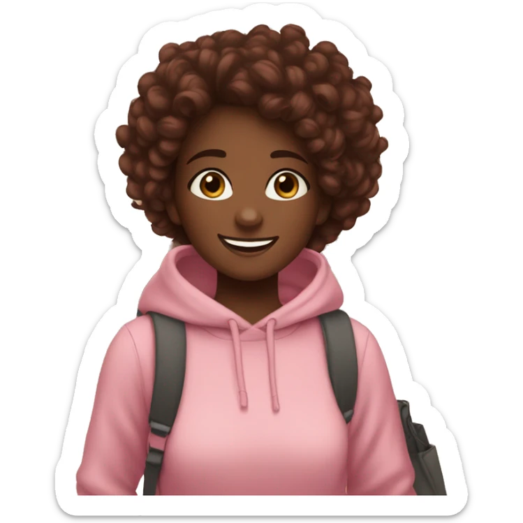 Girl smiling, walking through the mall, dark skin, in a pink sweater, wearing white sneakers, curly hair in a bun on top of her head, marsala hair color, brown eyes, with bags in her hands. sticker