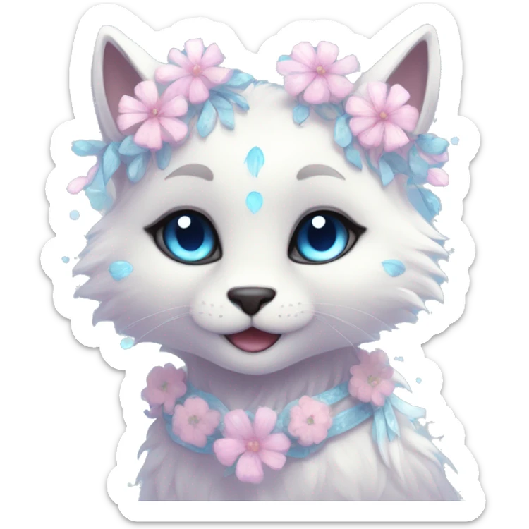 Anthro Cute Cool Pastel Kawaii gorgeous sparkly ethereal fantasy animal creature with blue eyes furry sona with flowers and ribbons beautiful aesthetic sticker