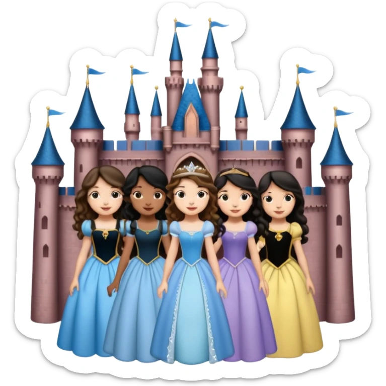 Quiero que crees una imagen donde este el castillo de Disney y por detrás o delante pon a quatro chicas: una con el pelo largo rizado marrón , otra con el pelo corto negro, otra con el pelo mediano liso marrón y otra con el pelo negro largo liso sticker