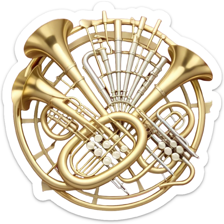 Create a festive and elegant emoji collage featuring a bouquet or fan of bells of wind instrument  (trumpets, saxophones, trombones, tubes, etc.) arranged in a radiant, symmetrical pattern. The instruments should have polished, golden and silver finishes, with their large, shiny bells forming a beautiful, fan-like display. Include a flowing ribbon of musical notes swirling through the center, conveying movement and melody. The background should feature a deep red velvet texture, adding a touch of luxury and sophistication. The overall composition should be balanced, with an elegant and regal feel, with a transparent background to keep focus on the instruments and musical elements. sticker