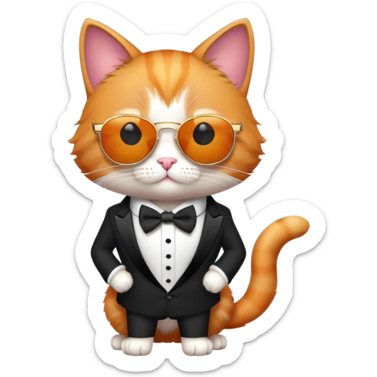 cat wearing cool sunglasses proudly showing off his new tuxedo, stylish, confident pose sticker