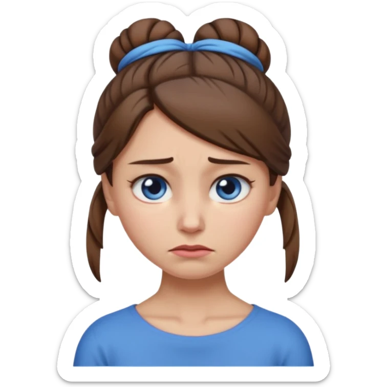 female character emoji with mid-length brown hair tied in a low bun at the back of the head, blue eyes, having a stiff neck, holding her neck with a pained expression sticker