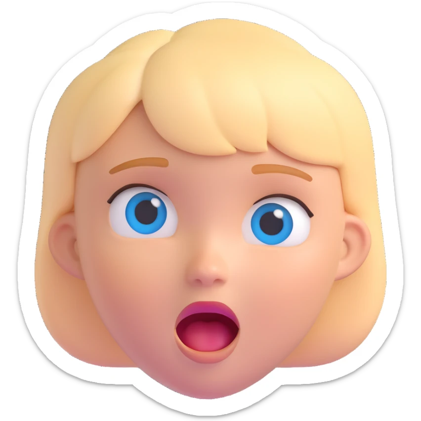 3D emoji of a white girl with short blonde hair, blue eyes, surprised expression sticker