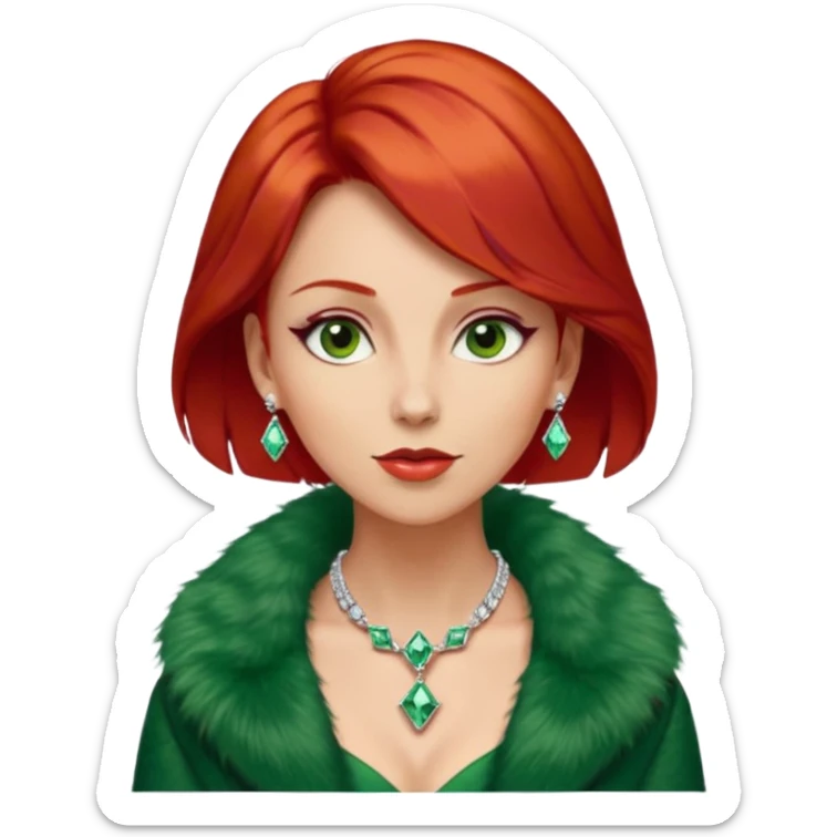 * Character: A stylish lady,red hair
* ﻿﻿Clothing: A luxurious green fur coat
* ﻿﻿Accessories: A dazzling diamond necklace
* ﻿﻿Expression: Confident, elegant, maybe slightly glamorous
* ﻿﻿Pose: Head slightly tilted or a poised posture
* ﻿﻿Style: Emoji-like, simple but expressive sticker