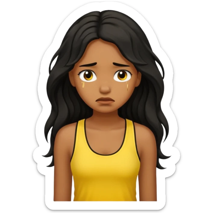 brown pretty bratz girl with long wavy black hair, wearing a yellow tank top. looking sad sticker
