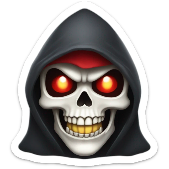 a cartoon character of Grim Reaper, wearing crown, skull, hood, red eyes, laughing  sticker