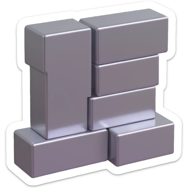 three long steel blocks, two on the bottom and one on top, 3D perspective, metallic shine, rectangular shape sticker