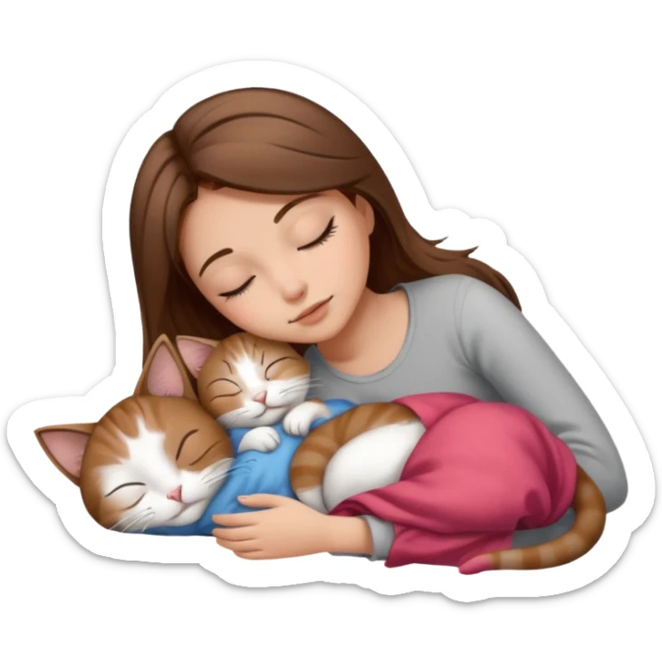 sleeping girl brown hair laying next to white and gray stains cat sticker