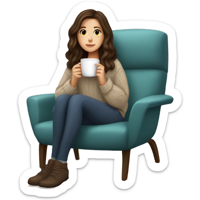 Brunette white girl autumn vibe wearing sweater sitting on a cozy chair holding coffee sticker