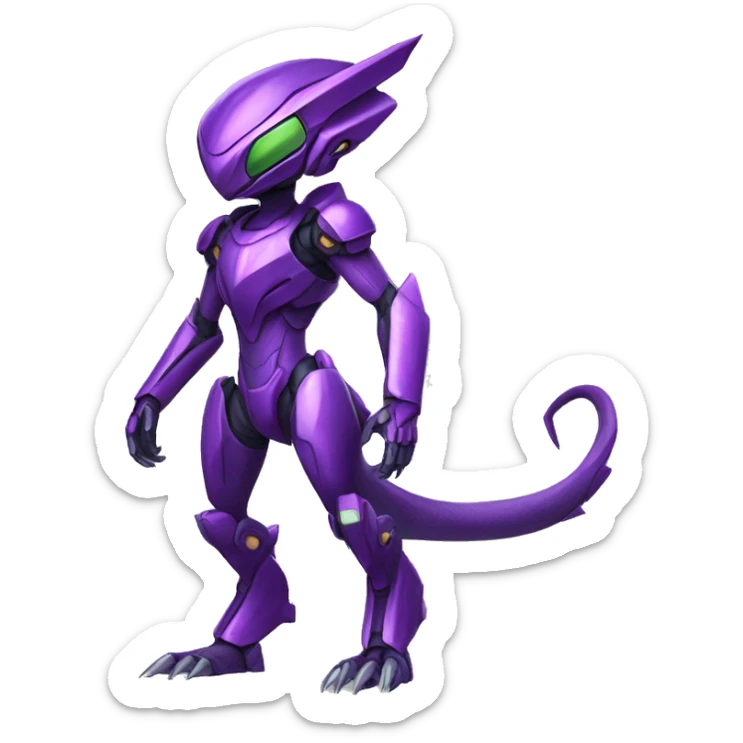 a purple-green Genesect-Raptor-Fakémon—hybrid with a futuristic visor-helmet full body sticker
