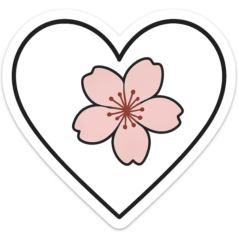 goth sakura heart, minimalist line art, black outline heart, single pink sakura, simple and modern sticker