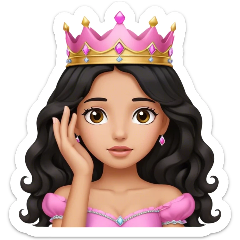 Very very very tanned skin princess, with long black wavy hair and crown and an pink princess outfit with a cute pose switch hand on her face sticker