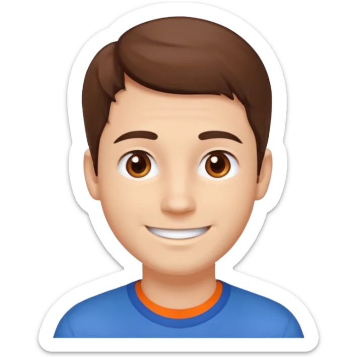 male, white skin, brown hair, brown eyes, orange and blue shirt sticker