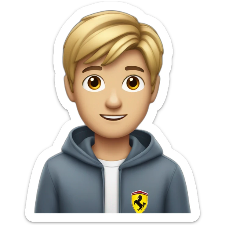 A male teenager with very short dart hair and brown eyes dressed as a ferrari supporter sticker