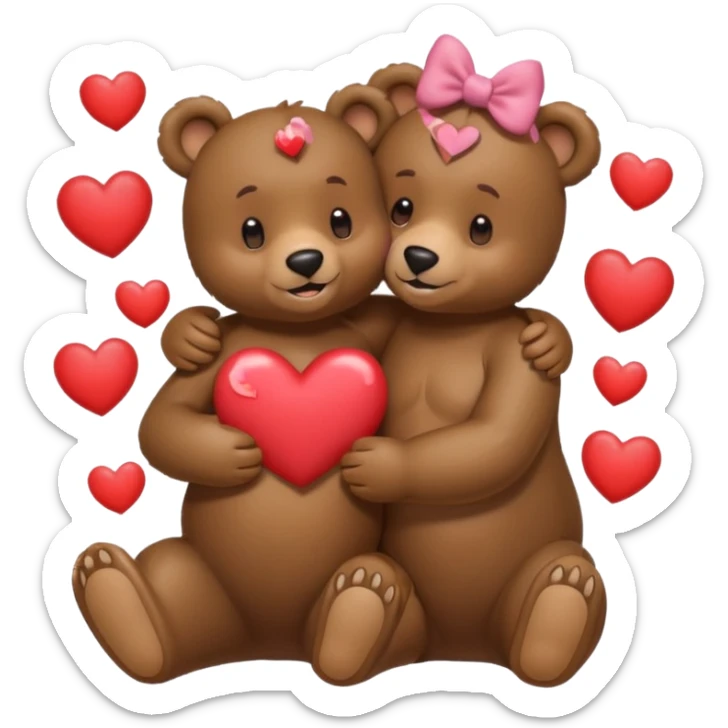 female bear with bow on her head and male bear hugging, couple, surrounded by hearts, playful and loving, cute, same height  sticker