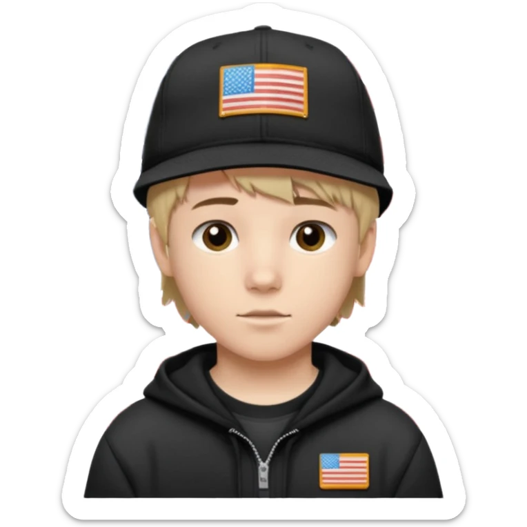 white  teen boy with short mullet haircut and black American flag flat bill hat at and wearing Carhartt sweatshirt sticker