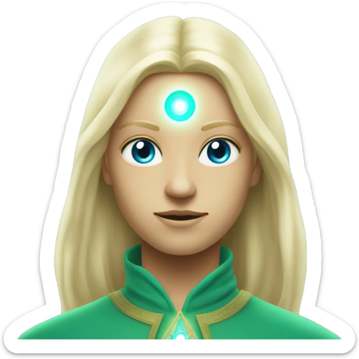 nordic pleiadian in green clothing with thin face long blonde hair and blue eyes third eye glowing sticker