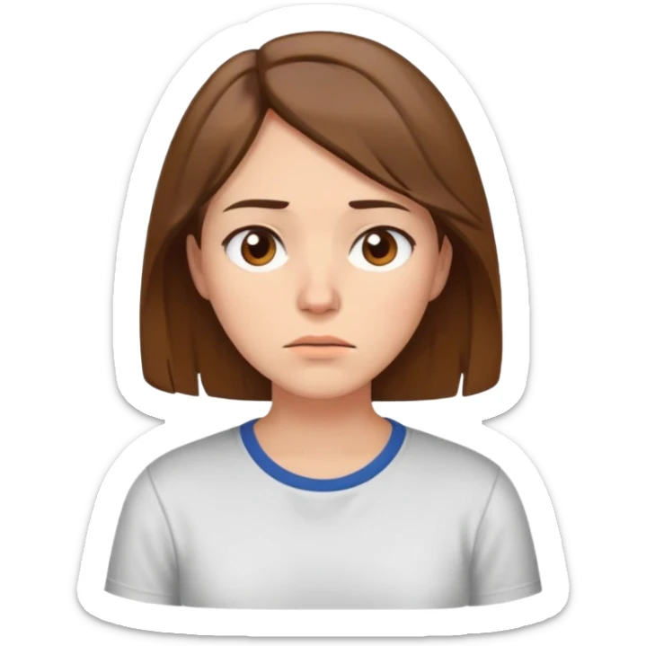 A young brown-haired woman with chin-length hair with fair skin, with brown eyes, looking tired of a shirt. sticker