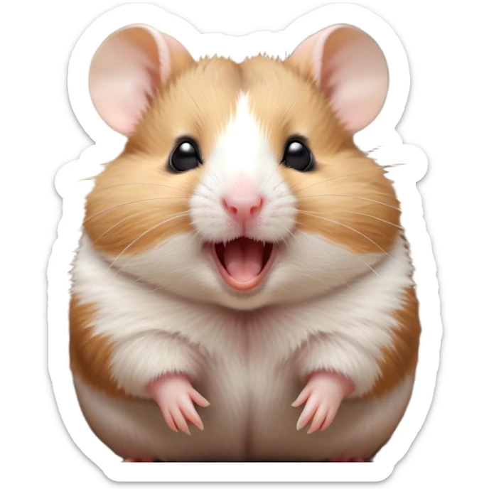 Cinematic Cute Yawning Brown and White Banded Hamster Portrait Emoji, Head tilted slightly with a dramatic, wide-open yawn, revealing a soft, banded fur of brown and white with tiny droopy ears, round dark eyes barely open in drowsy contentment, Simplified yet irresistibly adorable features, highly detailed, glowing with a soft, cozy glow, high shine, relaxed yet expressive, stylized with a touch of whimsy, bright and endearing, soft glowing outline, capturing the essence of a sleepy yet affectionate hamster, so drowsy it feels like it could stretch out of the screen and curl up for a nap! sticker