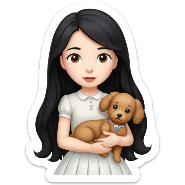 beautiful girl with long straight black hair wearing a white skirt holding a small brown curly teddy dog sticker