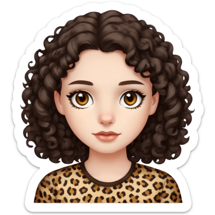 pale girl with dark brown eyes and medium length curly dark brown hair with leopard print shirt  sticker