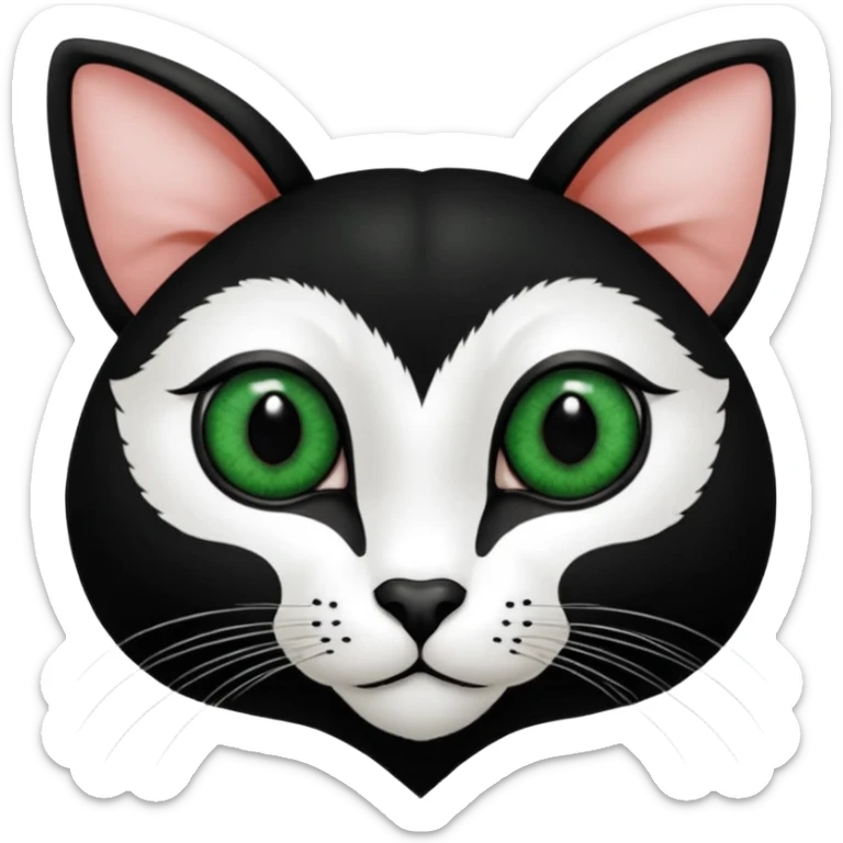 Haz una gata de ojos verdes la cara blanca con mancha negra en las orejas que agarra parte de la frente del lado der pero del iz va desde el ojo hasta la oreja la mancha, tiene la nariz negra en forma de corazón y todo lo que sobra de la cara, barbilla la nariz arriba y el lado de bigotes es blanca sticker
