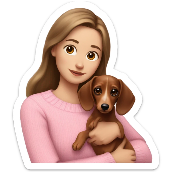 Brunette white girl with long hair in a pink sweater holds a brown and cream dachshund long haired puppy in her arms sticker