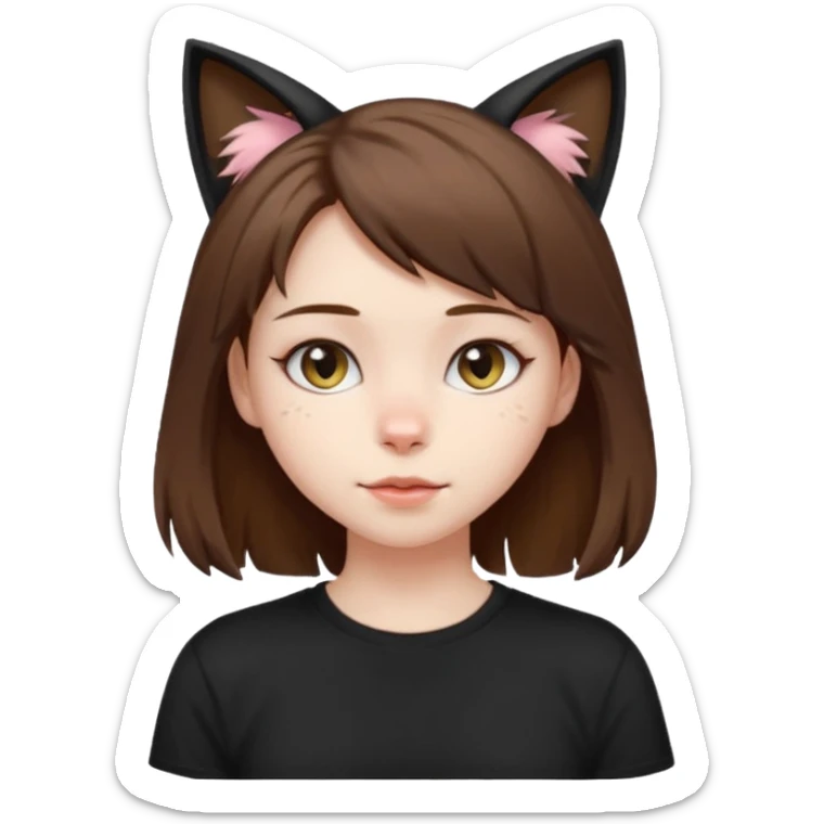a girl with pale skin, shoulder lengh brown hair with lots of dandruff , cat ears and a tail, with a black t-shirt on sticker