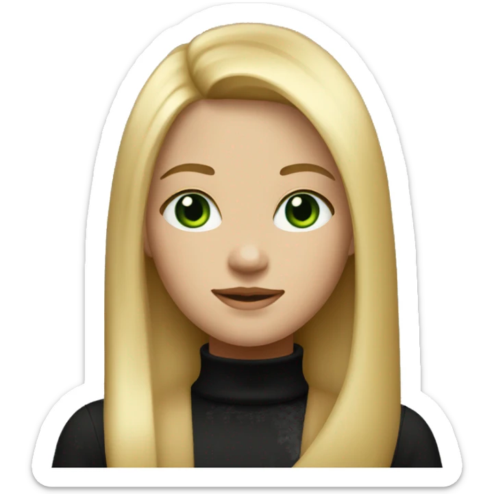 The girl is blonde with long straight hair and green eyes and is wearing a black turtleneck sticker