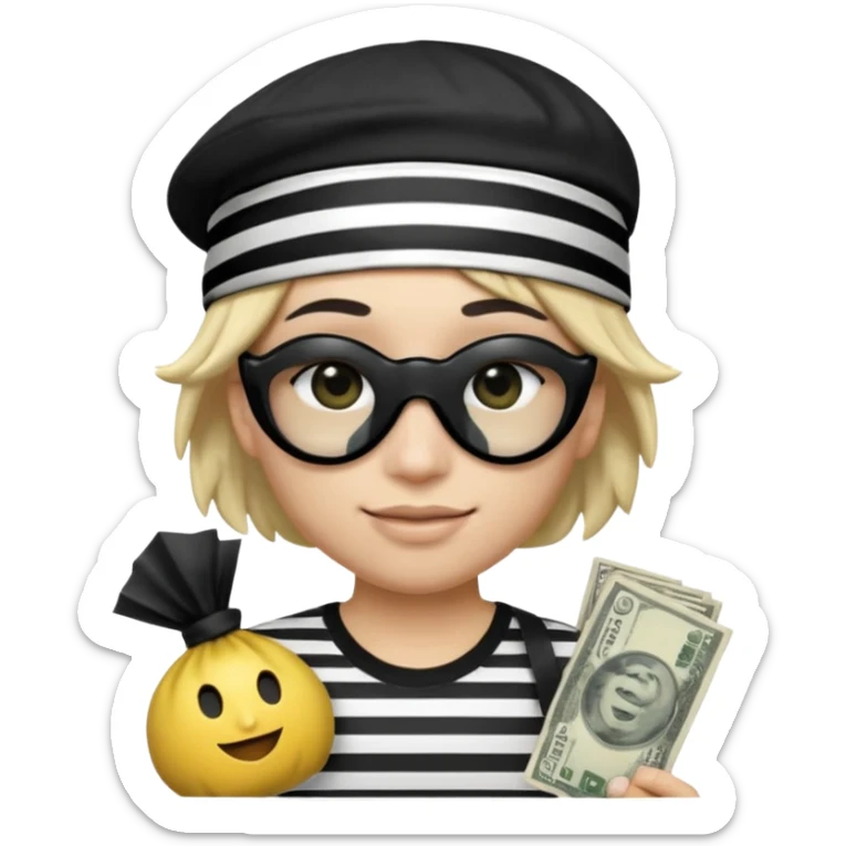 Realistic ios emoji-style portrait of a classic burglar, a black eye mask and a black-and-white striped shirt. Highly detailed, natural skin texture, realistic shadows, smooth gradients, glossy reflections in the eyes. emoji-like hair, black hat, an ios emoji bag of money in a right corner  sticker