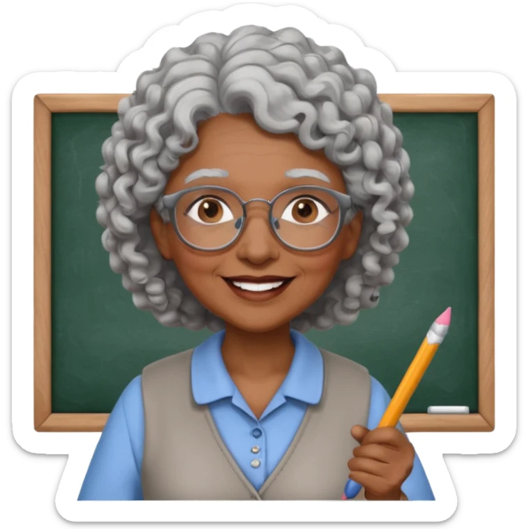 old woman teacher, brown skin, curly grey white hai, wearing glasses, hold chalk on hand sticker