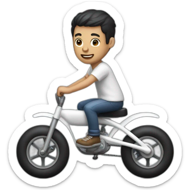 white skin men with short black hair riding a funny and miniature toy bike sticker