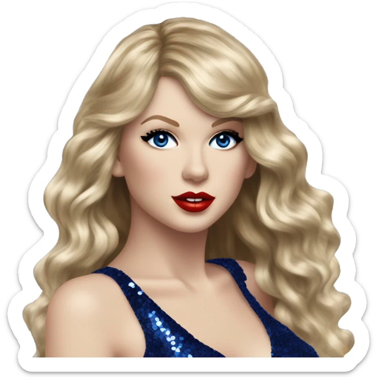 Realistic Taylor swift wearing navy blue glittery sequin bodysuit and long hair with red lipstick and blue eyes  sticker