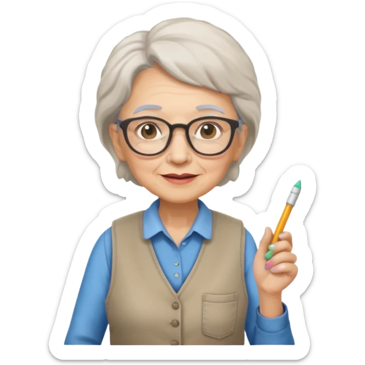 woman teacher, old, wearing vest, wearing glasses, hold chalk on their hand sticker
