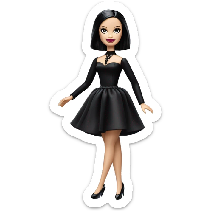  Wednesday Addams Barbie dancing.  Longer hair, short black flowing strapless evening gown with  plunging neckline that’s off-the-shoulders that also shows her legs and black shiny velvet high heel shoes. sticker